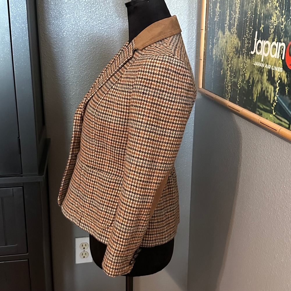 Talbots Petites Wool Blend Houndstooth Blazer 2P Elbow Patch Jacket Preppy - Picture 3 of 7
